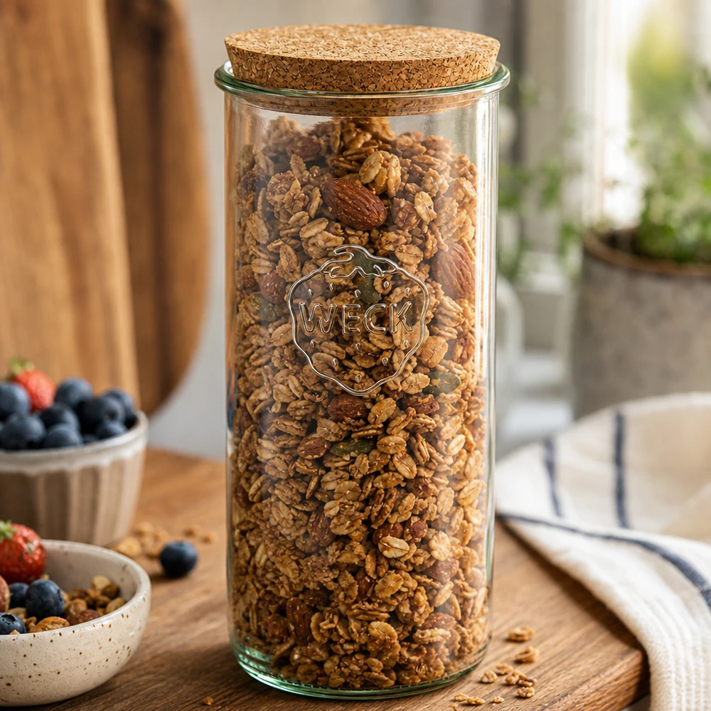 Bicchieri da 1500ml WECK RR100 con tappo in sughero naturale WECK bicchieri 1500ml riempiti di muesli noci coperchio in sughero scena cucina tavolo in legno colazione stoccaggio