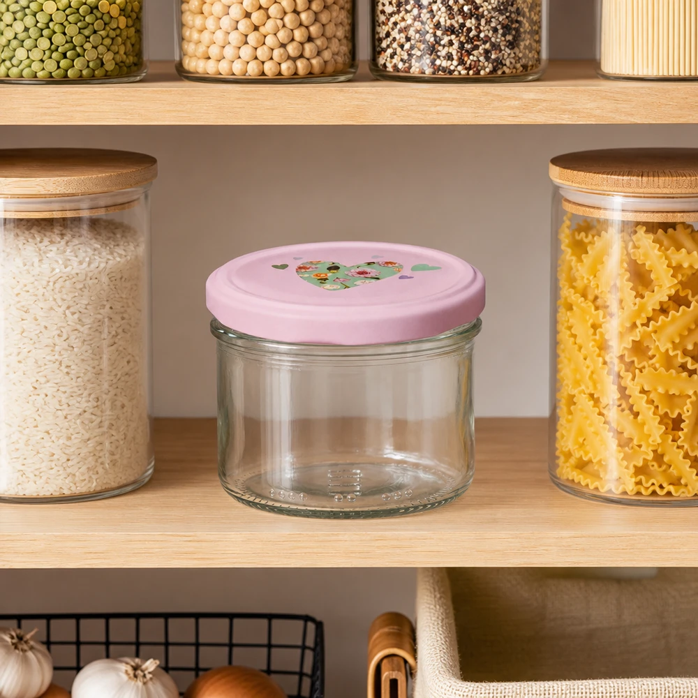 Barattolo cilindrico da 230 ml + coperchio BasicSeal rosa cuore Barattolo cilindrico da 230 ml con coperchio rosa a forma di cuore in una dispensa organizzata tra pasta e riso, ideale per organizzare la cucina.
