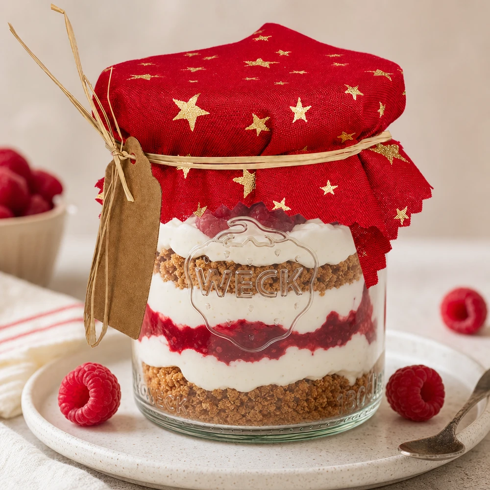 Centrino decorativo rosso con stelle dorate su bicchiere da dessert a strati di lampone 12cm quadrato decorazione da tavola