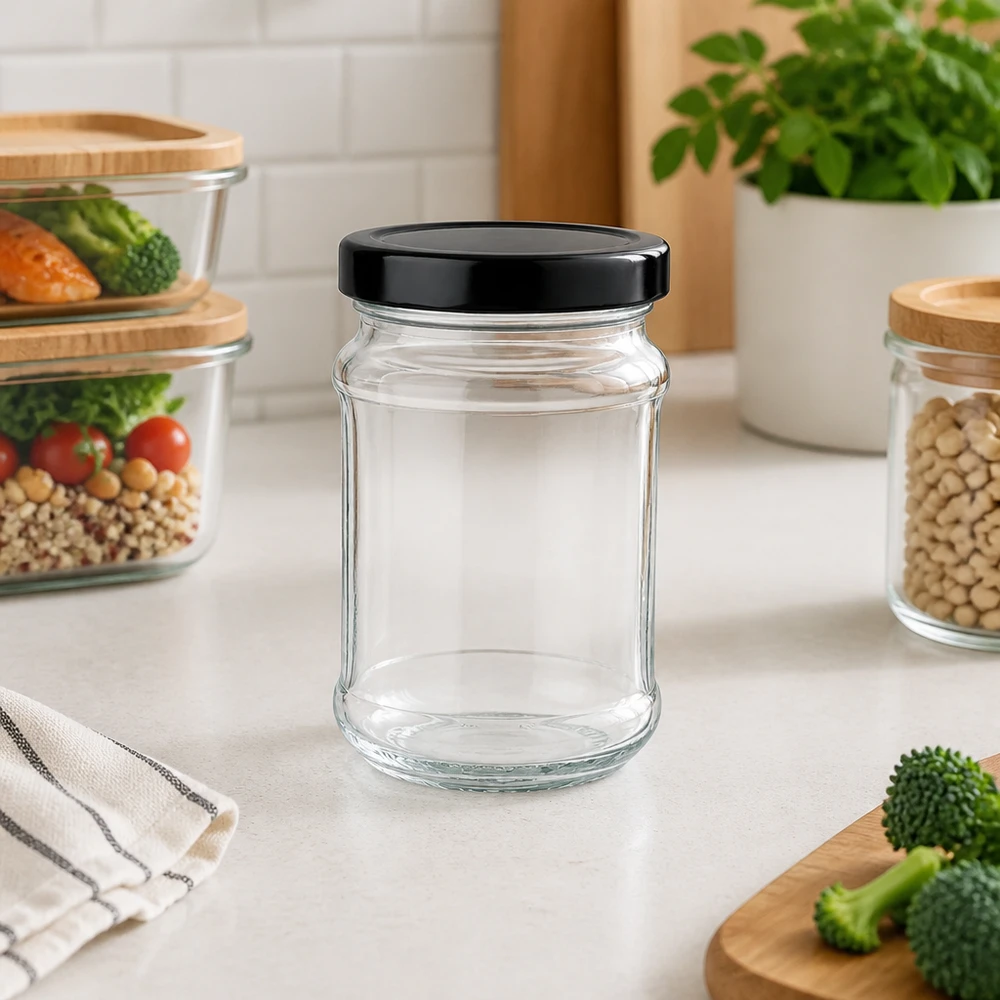 Barattolo rotondo da 390 ml con coperchio BasicSeal nero UNiTWIST Barattolo rotondo da 390 ml con coperchio nero BasicSeal vuoto sul bancone della cucina tra i contenitori di verdure e legumi