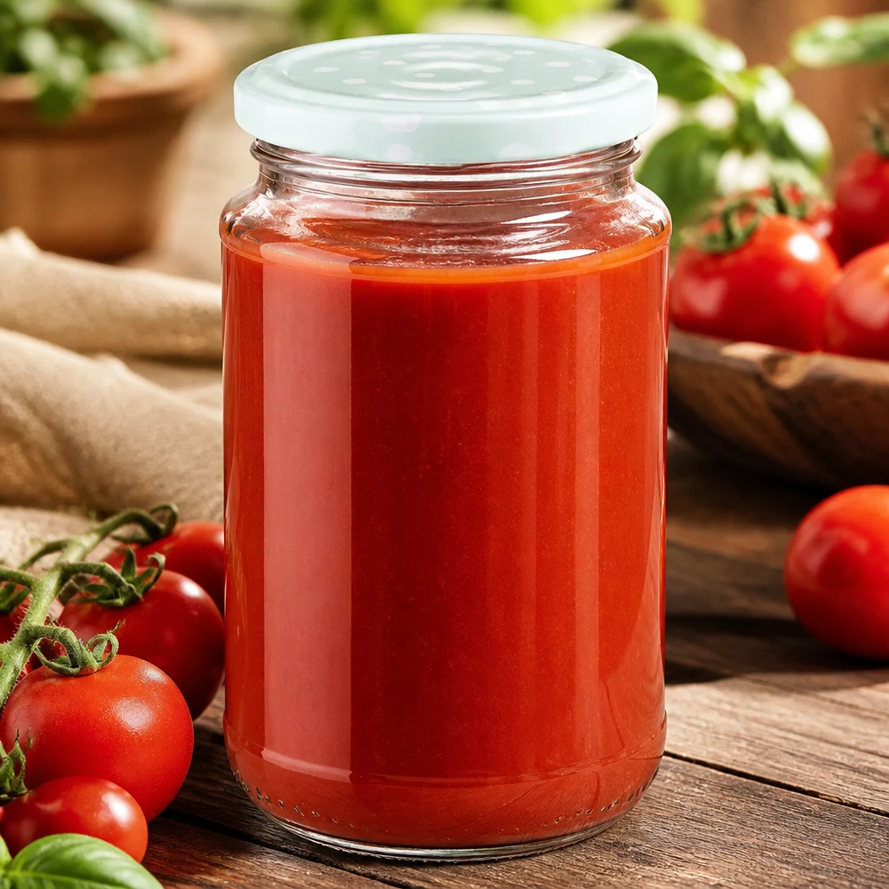 Vaso rotondo in vetro da 320 ml + BasicSeal a pois color menta opaco UNiTWIST Barattolo da 320 ml di UNiTWIST con coperchio passivato a pois color menta opaco, adatto alle salse di pomodoro