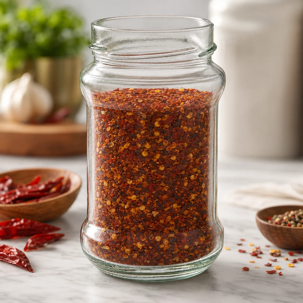 UNiTWIST Runda390 - Barattolo rotondo capacità 390ml TO66profondo Barattolo rotondo da 390 ml riempito con miscela di spezie al peperoncino UNiTWIST Runda390 TO66barattolo di vetro profondo per cucina e conservazione
