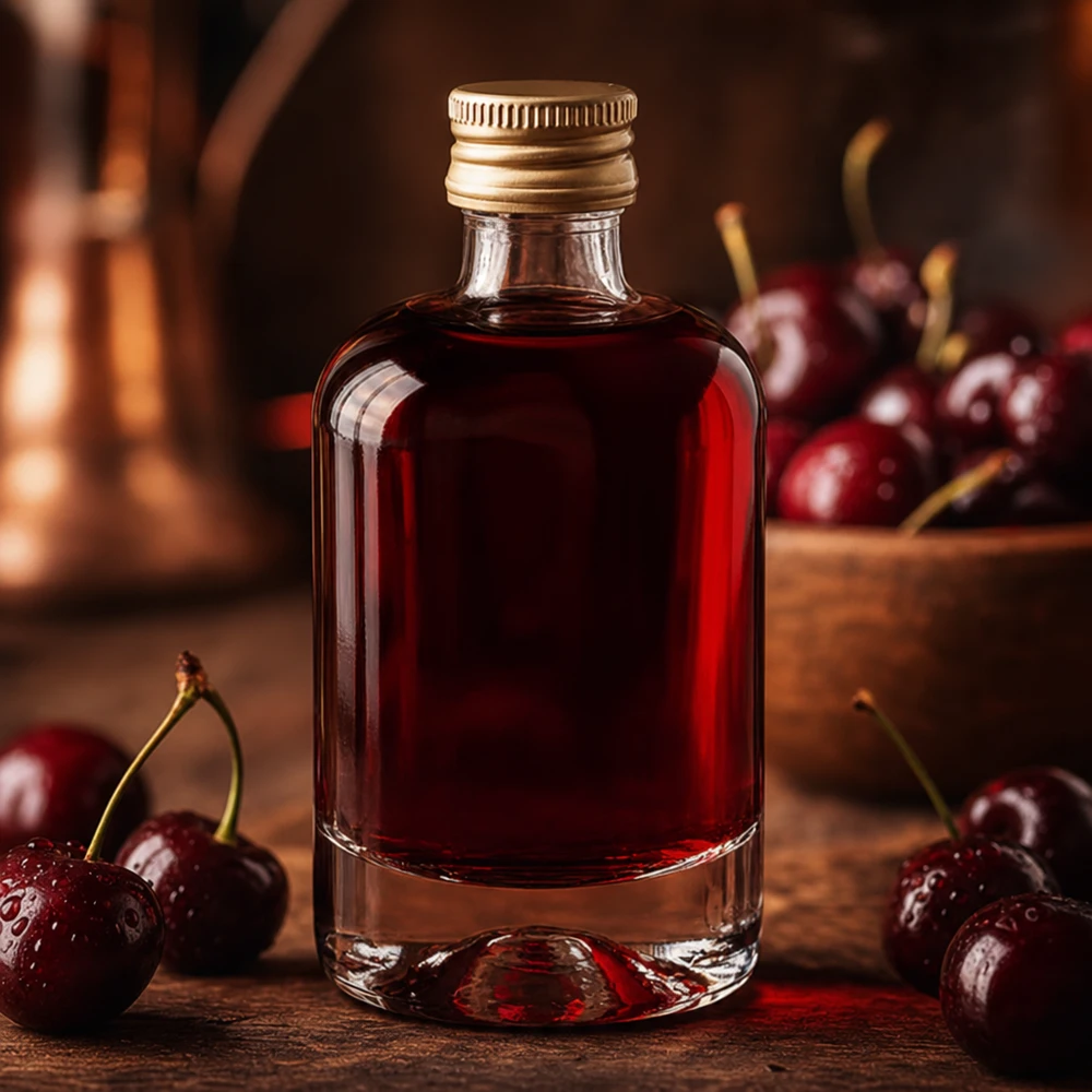 Bottiglia in vetro da 40 ml Sara con tappo a vite dorato UNiTWIST® 40ml Glasflasche Sara mit Kirschlikör befüllt - edle Spirituosenflasche mit goldenem Verschluss für Obstbrände