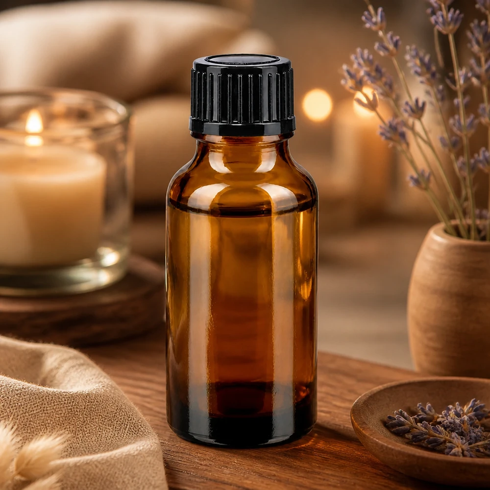 Bottiglia da farmacia marrone da 20 ml. SV STD nero/11mm ApoGlas Flacone da farmacia marrone da 20 ml con tappo nero da 11 mm, davanti al quale sono disposte candele e rametti di lavanda