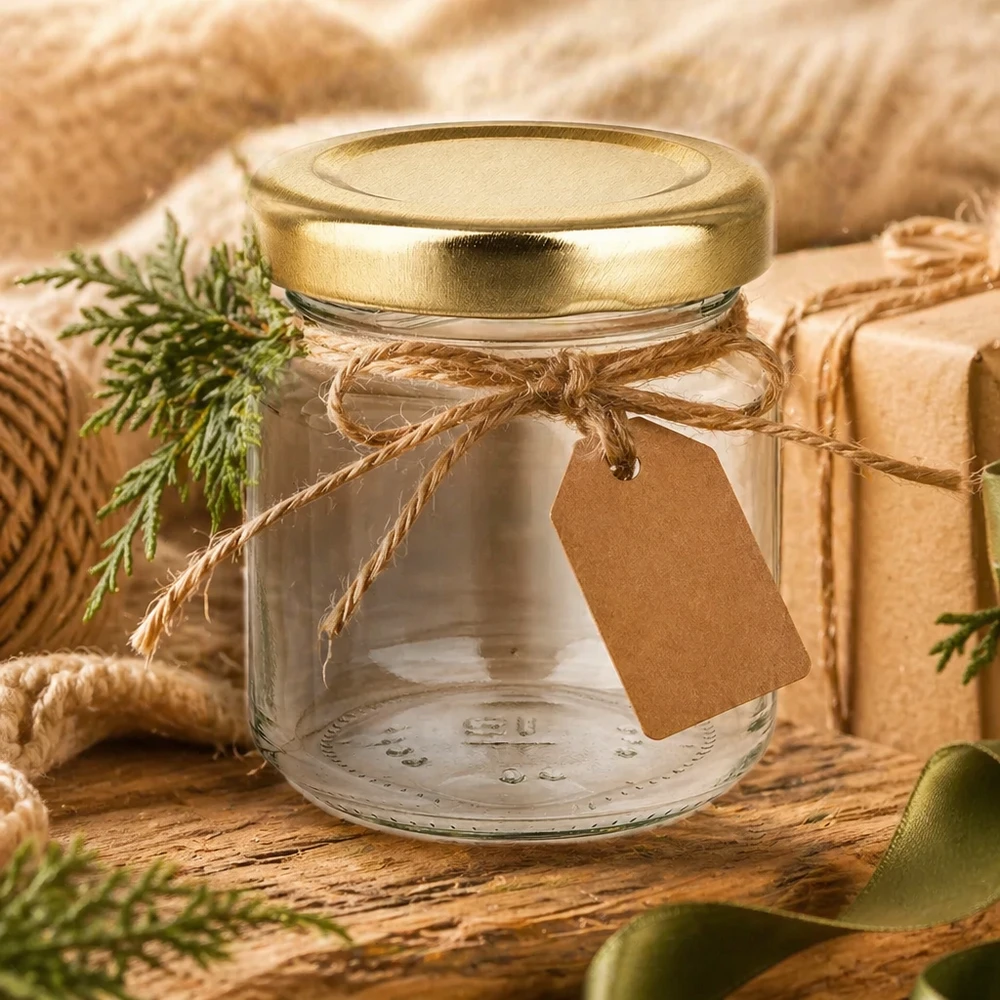 Barattolo rotondo da 53 ml con coperchio BasicSeal oro UNiTWIST Vasetto rotondo UNiTWIST da 53 ml con coperchio dorato come idea regalo, decorato con nastro di rafia e ciondolo