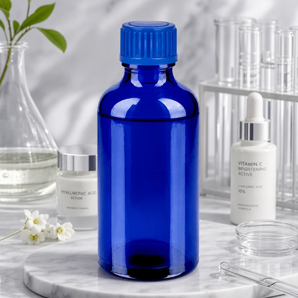 Bottiglia da 50ml 11mm SV blu STD BlueLine UT18/50 Flacone ricaricabile in vetro blu 50ml STD BlueLine per conservare i cosmetici in modo ecologico