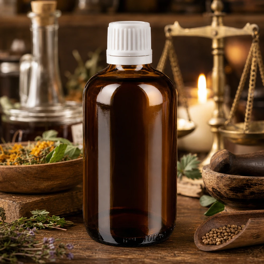Flacone da farmacia marrone da 100 ml con tappo di sicurezza per bambini bianco, tra erbe aromatiche e spezie