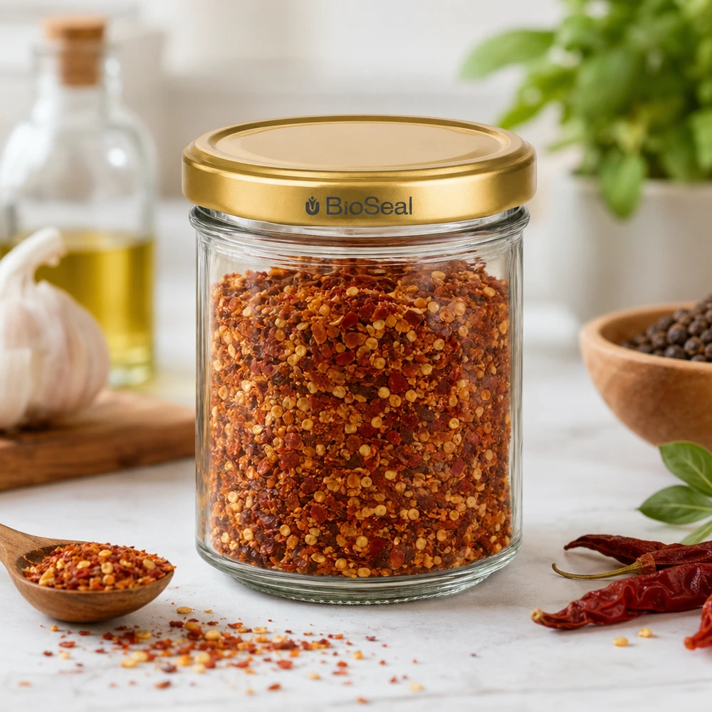 Vasetto per miele da 200 g con capsula dorata BioSeal UNiTWIST BioSeal 200g Glasbehaelter mit goldenem Deckel gefuellt mit roter Gewuerzmischung umgeben von Kuechenzubehoer und Kraeut