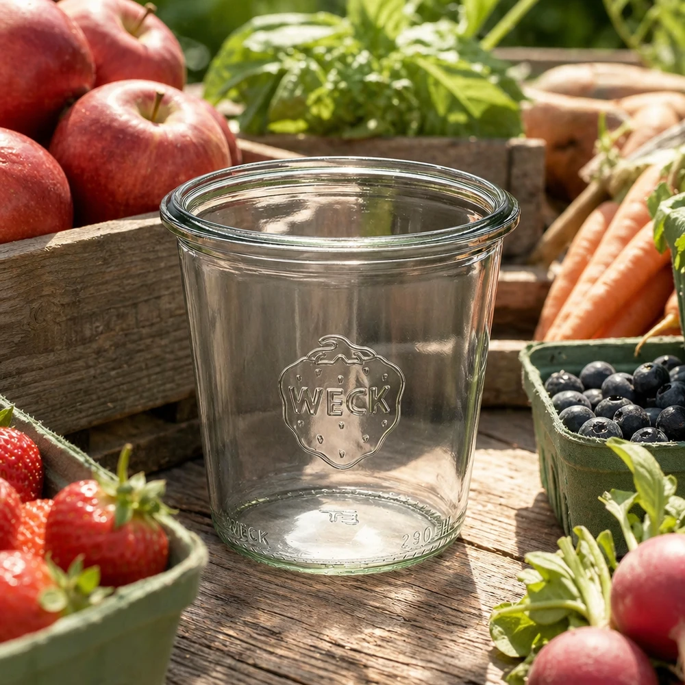 Bicchieri WECK da 290ml RR80 in vetro con logo circondati da frutta e verdura fresca su un tavolo in legno