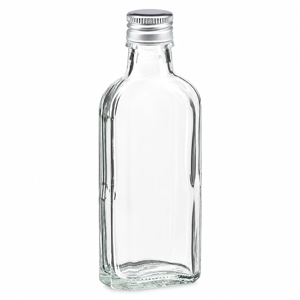 100 ml Meplat trasparente con tappo in alluminio argento PP22 Flacone in vetro Meplat da 100 ml trasparente con tappo in alluminio argentato PP22 per liquori e oli