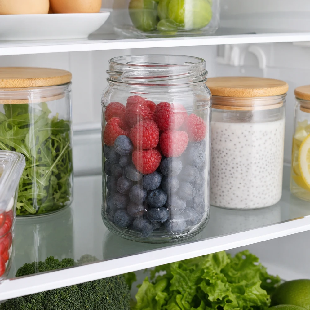 UNiTWIST Runda305 - Barattolo rotondo capacità 305ml TO63 UNiTWIST Runda305 vaso rotondo 305ml con bacche in frigorifero, vaso in vetro con coperchio in legno per la conservazione degli alimenti