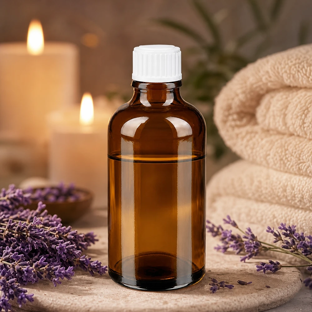 Bottiglia da farmacia marrone da 50 ml. SV STD bianco/11mm ApoGlas Flacone da farmacia color ambra da 50 ml con tappo contagocce bianco, sullo sfondo di fiori di lavanda e candele
