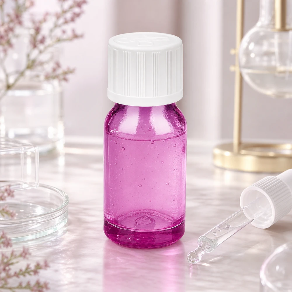 Flacone contagocce da 10 ml in materiale viola trasparente con tappo di sicurezza bianco