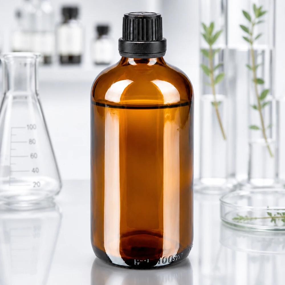 Flacone contagocce marrone 100ml OV nero/2mm ApoGlas Flacone da 100 ml in vetro ambrato con tappo a vite nero in laboratorio, tra un matraccio di Erlenmeyer e delle provette