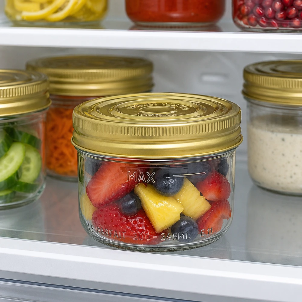 Bicchieri Familia Wiss da 245 ml con coperchio dorato riempiti di frutta in piedi nel frigorifero