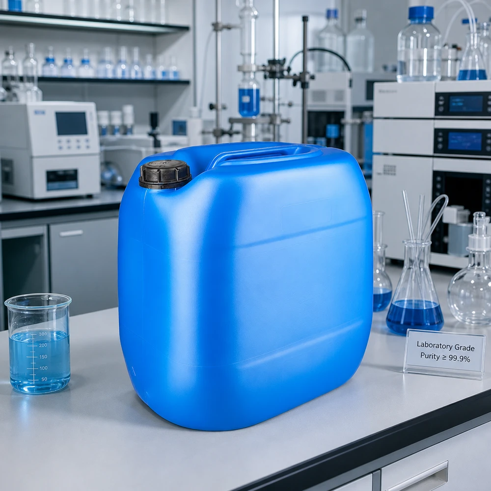 Tanica 30 litri blu con tappo a vite OV Contenitore da laboratorio da 30 litri, blu, con tappo OV nero, su un banco da laboratorio bianco accanto a un becher