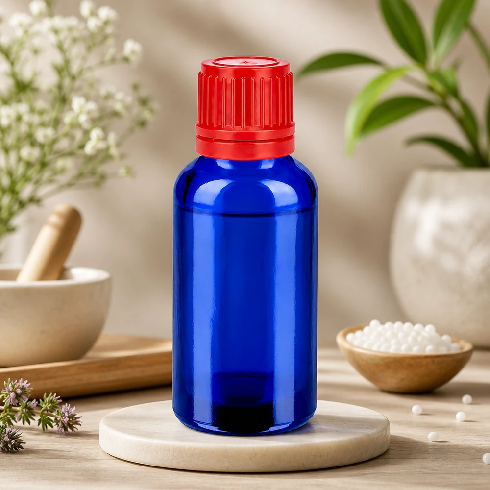 Bottiglia da 30ml 11mm SV rosso OV BlueLine UT18/30 Flacone in vetro da 30 ml protetto dalla luce, ideale per sostanze sensibili e prodotti naturali