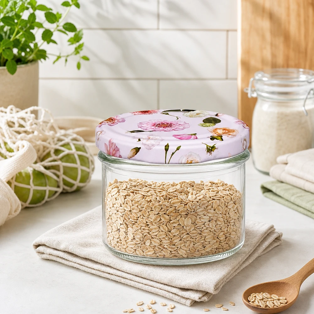 Barattolo di vetro da 225 ml + coperchio BasicSeal rosa UN... Haferflocken in 225ml Sturzglas mit rosa Blumendeckel - praktische Küchendeko für Müsli und Getreide Aufbewahrung