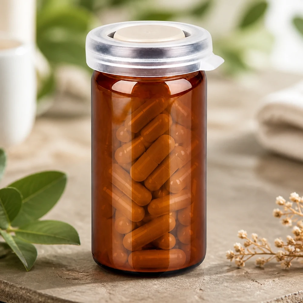 Barattolo da tavolo/rotolo 10ml marrone con coperchio a scatto Fiaschetta farmaceutica da 10 ml, in vetro marrone con tappo a scatto, contenente capsule per integratori alimentari