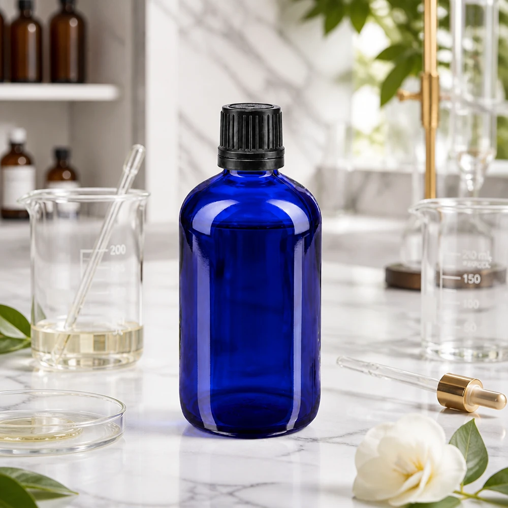Flacone di vetro da farmacia blu da 100 ml con tappo originale nero da 8 mm in ambiente di laboratorio