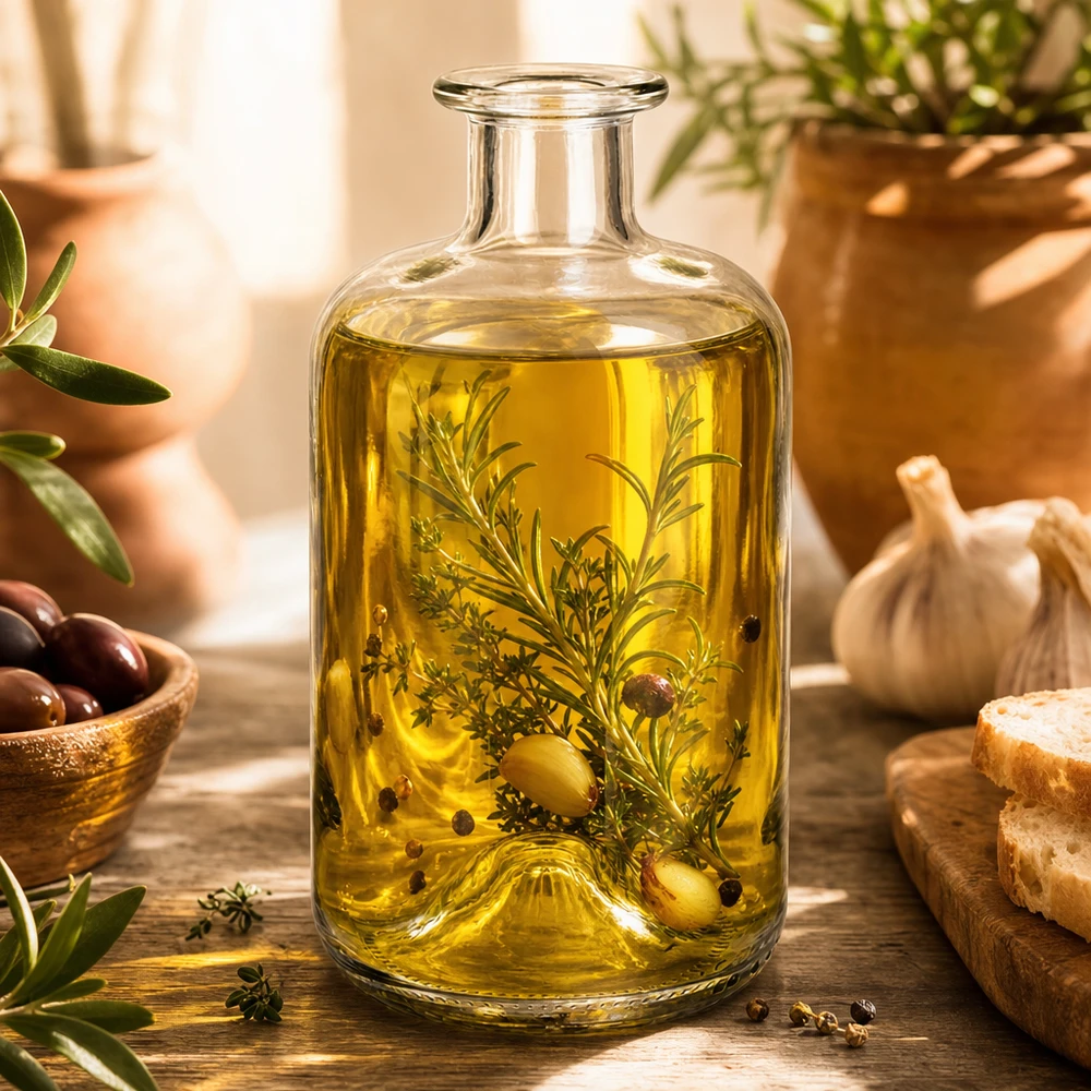 Flacone farmaceutico da 500 ml 500ml Glasflasche "Luna" ohne Verschluss UNiTWIST senza tappo UNiTWIST® Bottiglia di vetro Luna 500ml riempita di olio d'oliva ed erbe aromatiche come esempio di applicazione per la cucina e la decorazione