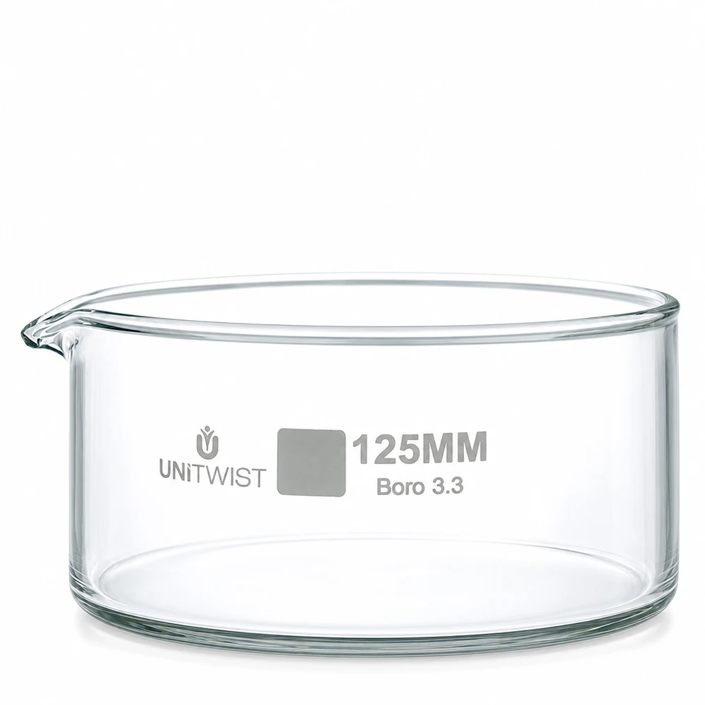 Piatto per cristallizzazione ø125mm in vetro borosilicato UNiTWIST Ciotola di cristallizzazione da 125 mm in vetro borosilicato UNiTWIST con beccuccio, trasparente e di forma cilindrica