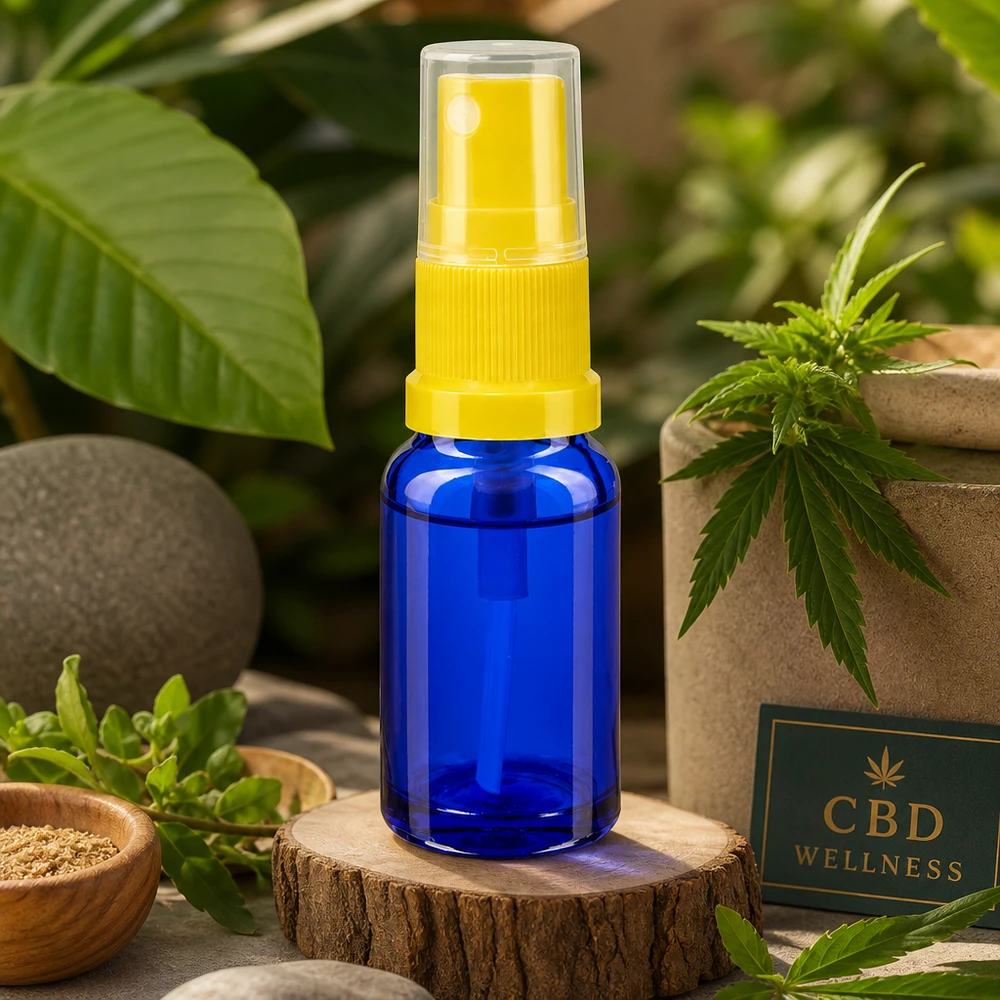 Nebulizzatore ApoGlas blu da 30 ml con testina di spruzzo gialla, tra piante di cannabis e pietre naturali