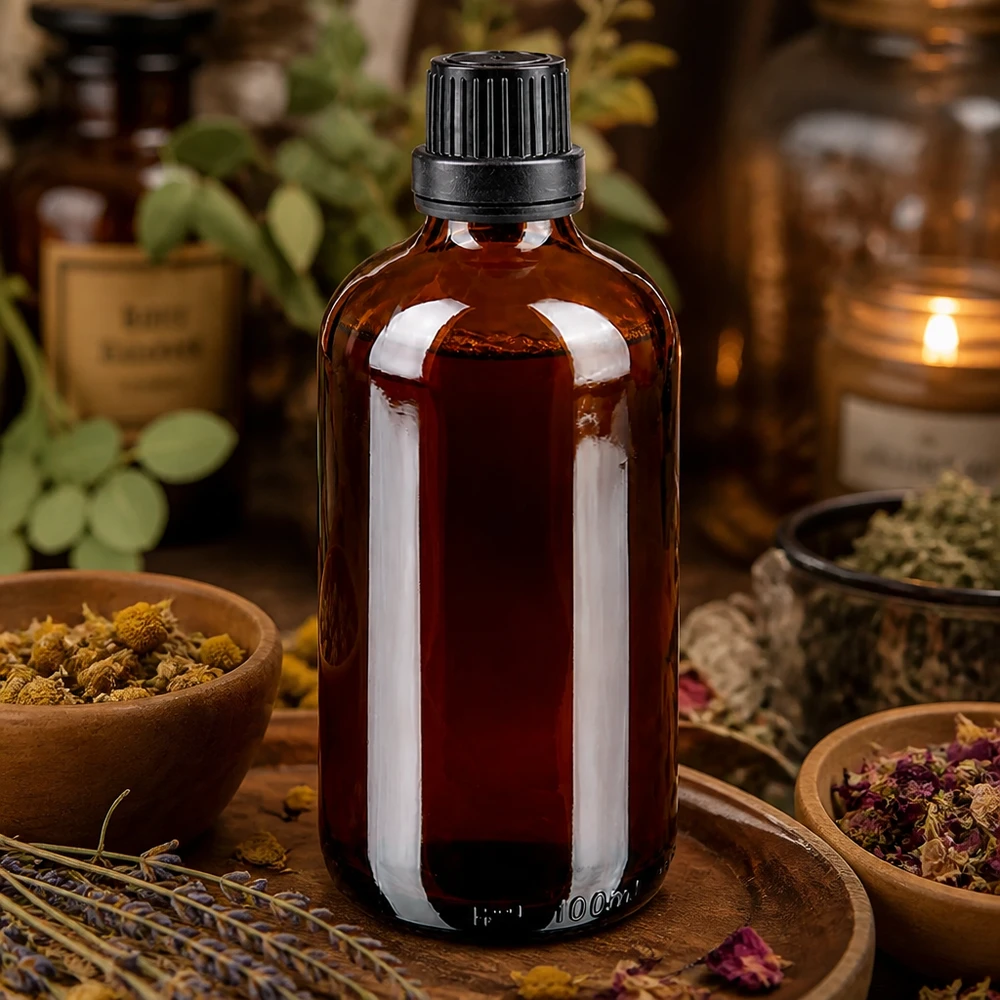 Flacone contagocce marrone da 100 ml con tappo OV nero, su vassoio di legno con erbe essiccate