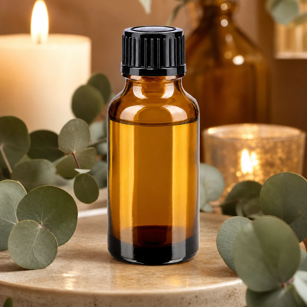 Bottiglia da farmacia marrone da 20 ml. SV STD nero/11mm ApoGlas Bottiglia di vetro marrone da 20 ml con tappo a vite nero, tra rami di eucalipto e candele