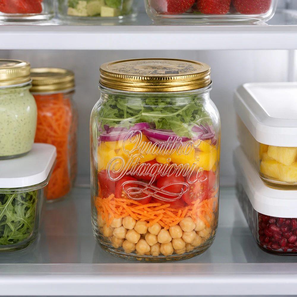 Barattolo rotondo "Quattro Stagioni" da 2000ml con coperchio Quattro Stagioni: vaso da 2 litri con insalata a strati in frigorifero - vaso perfetto per la preparazione di insalate fresche