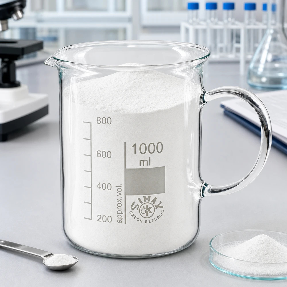 Becher da 1000 ml pieno di polvere bianca accanto a una capsula di Petri e a un cucchiaio in laboratorio