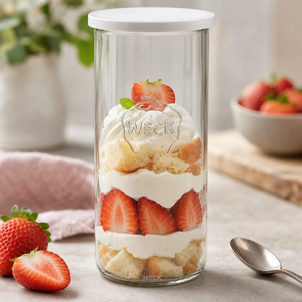 WECK vaso RR100 da 1500 ml riempito di fragole da dessert mostra un uso versatile come piatto da dessert con cucchiaio