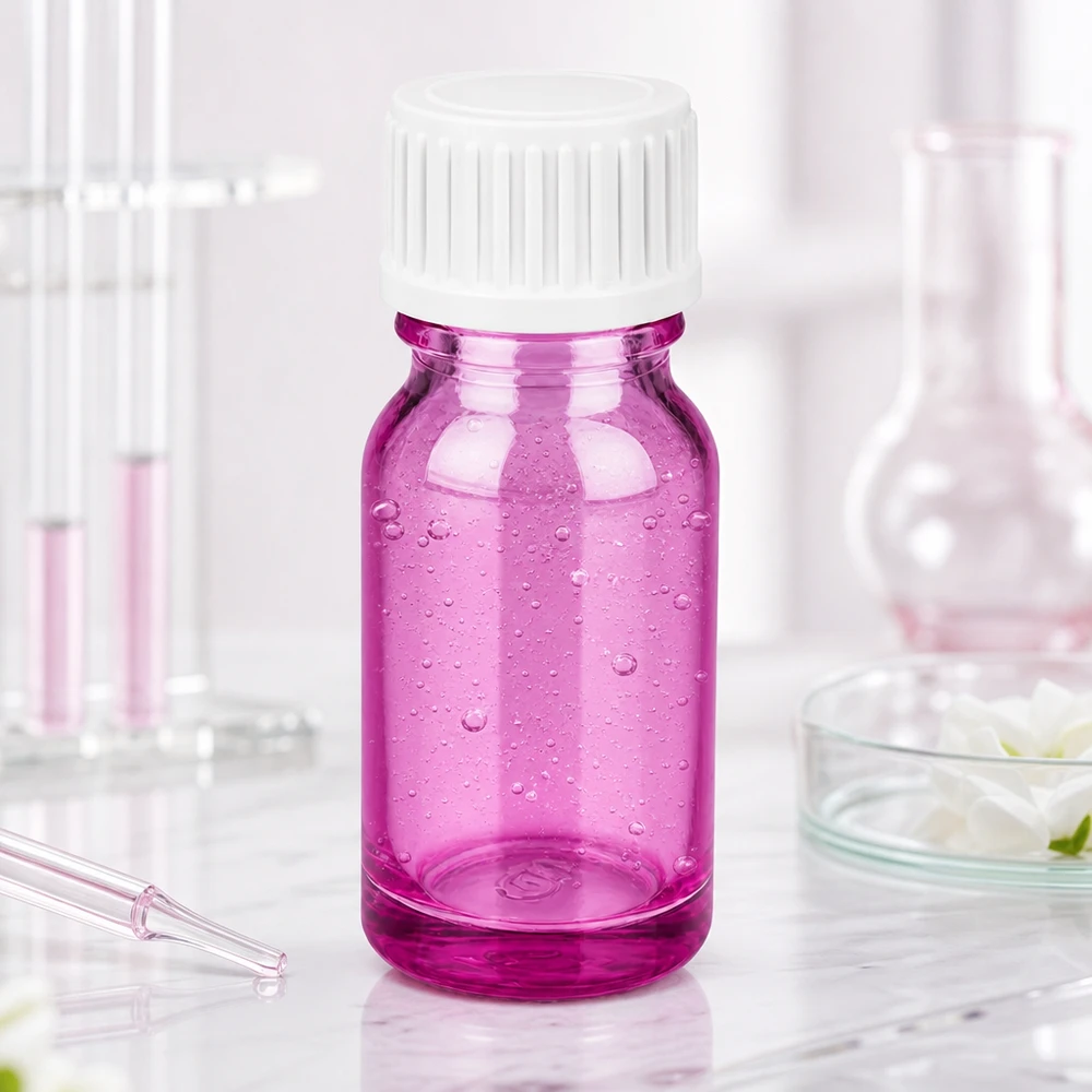 Flacone da 10 ml (globulo). Anello di versamento da 3 mm bianco standard PurpleLine. UT18/10 Flacone trasparente viola da 10 ml in vetro robusto con tappo a vite a tenuta.