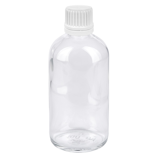 Flacone contagocce da 100 ml 0,7 mm bianco OV ClearLine UT18/100 Flacone in vetro trasparente da 100 ml con tappo di sicurezza bianco per gocce e prodotti farmaceutici