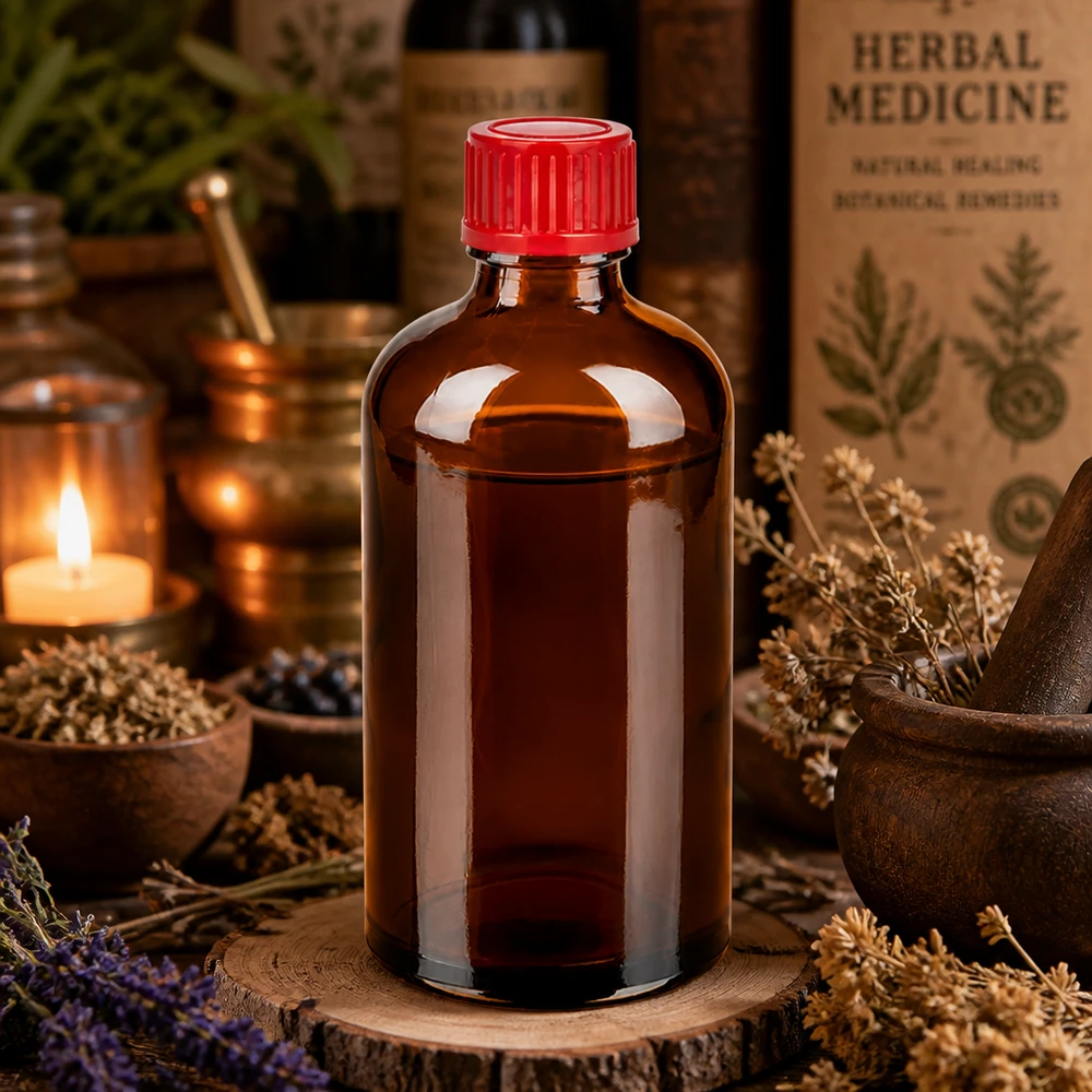 Bottiglia da 100ml 11mm SV rosso STD BrownLine UT18/100 Pratico flacone contagocce da 100 ml, marrone con coperchio rosso, ideale per la naturopatia e gli estratti di erbe.