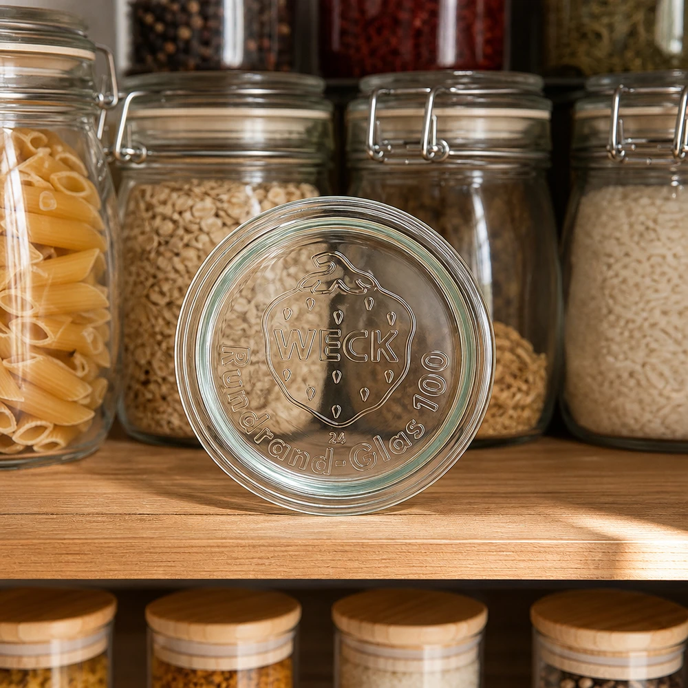 Coperchio in vetro WECK RR100 in cucina con barattoli di conserva pieni di pasta, riso e cereali su un ripiano in legno