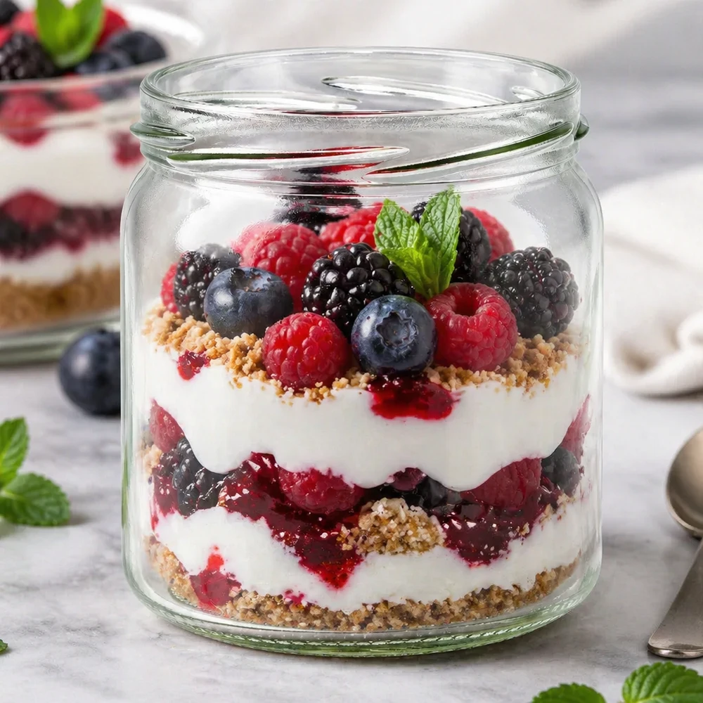 UNiTWIST Runda408 - Vaso rotondo capacità 408ml TO8 UNiTWIST Runda408 bicchiere rotondo 408ml come bicchiere da dessert con dessert a strati allo yogurt ai frutti di bosco mostra un uso versatile