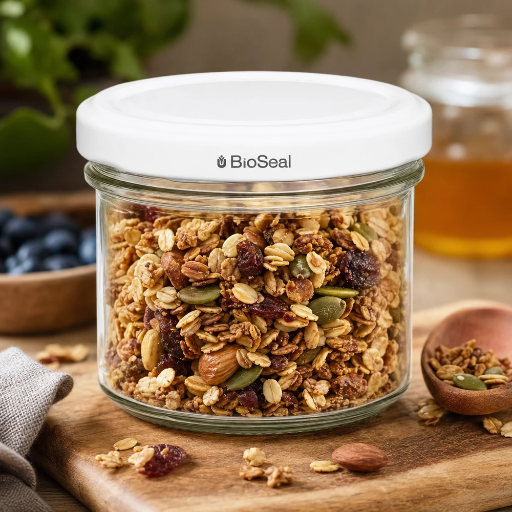 UNiTWIST Sturz125 con coperchio bianco TO66 BioSeal UNiTWIST tumbler 125ml barattolo muesli noci frutta secca barattolo di stoccaggio TO66 BioSeal coperchio bianco tavola di legno cucina