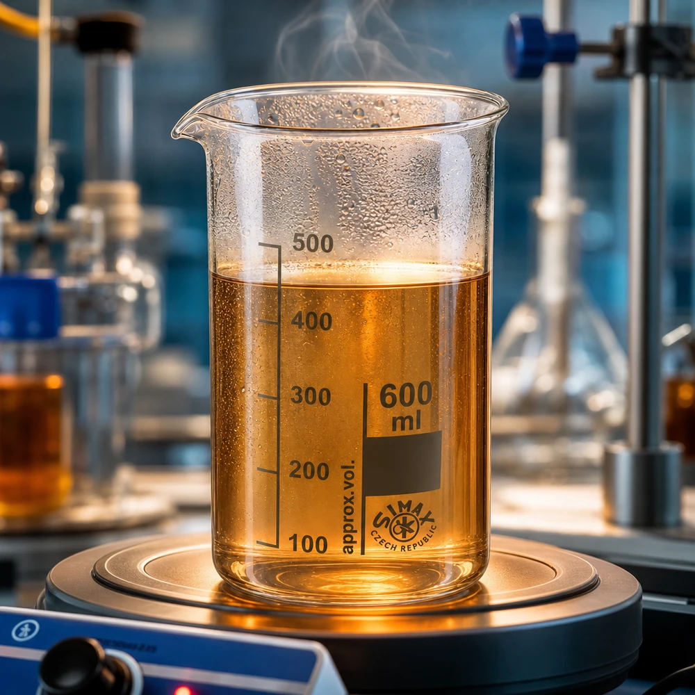 Bicchiere da laboratorio da 600 ml, forma alta, su una piastra riscaldante, contenente un liquido caldo di colore marrone dorato e da cui sale del vapore