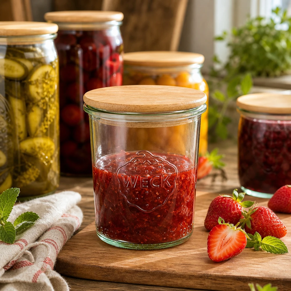 WECK 160ml RR60 vasetto di marmellata di fragole per conserve fatte in casa coperchio in legno cucina sostenibile