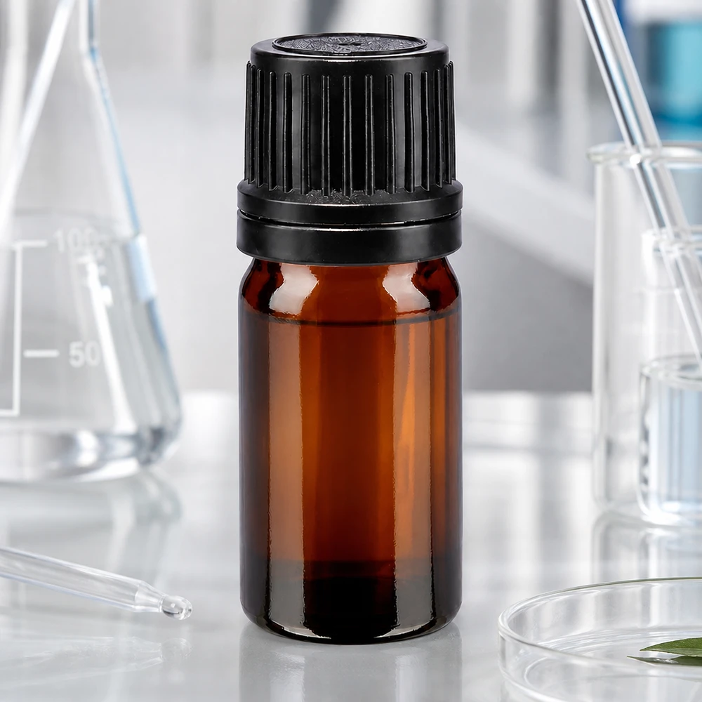 Flacone 5ml marrone (Glo.) GR OV nero/8mm ApoGlas Fiala in vetro ambrato da 5 ml con tappo a vite nero in ambiente di laboratorio con matraccio di Erlenmeyer