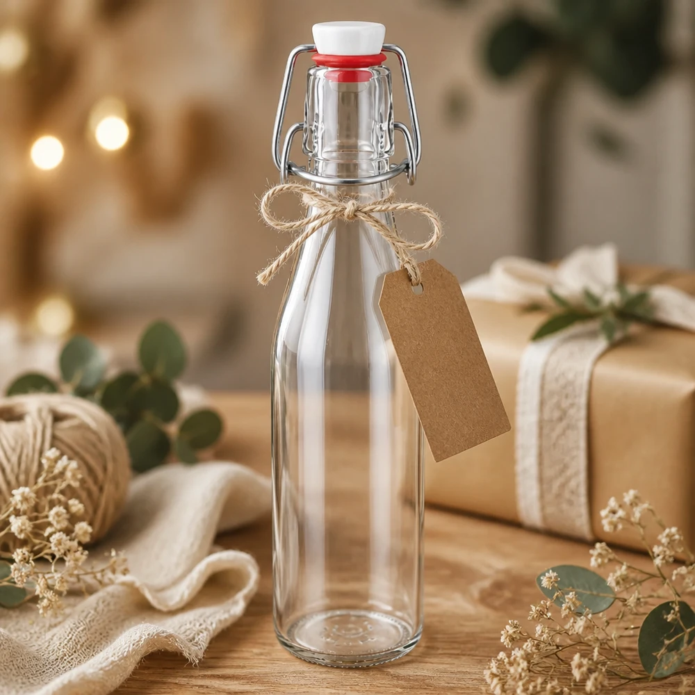 Bottiglia di vetro da 250 ml + tappo girevole in PVC UNiTWIST Bottiglia di vetro da 250 ml con tappo oscillante decorata come un regalo, etichetta in carta kraft e cordoncino di iuta, presentazione festosa.