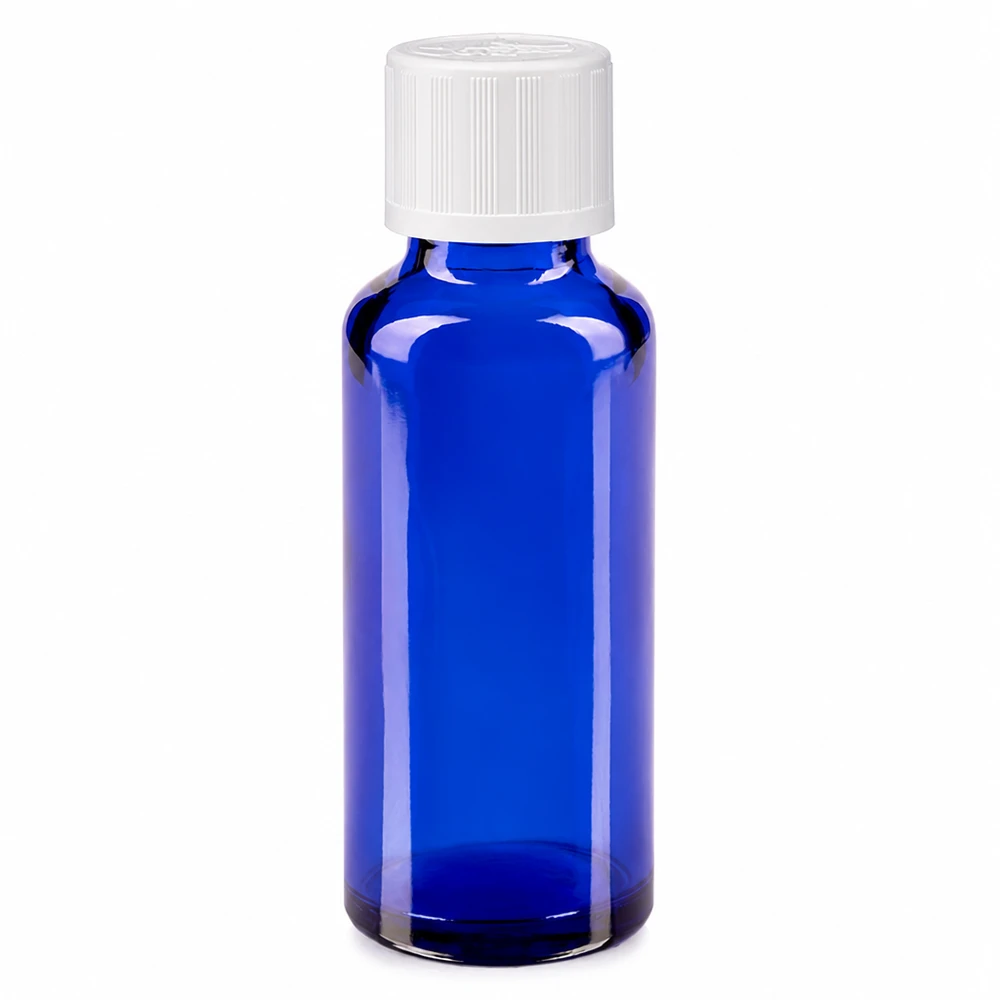 Bottiglia da farmacia blu da 30 ml. SV STD KiSi bianco/11mm ApoGlas Flacone da farmacia in vetro blu da 30 ml con tappo di sicurezza per bambini bianco da 11 mm