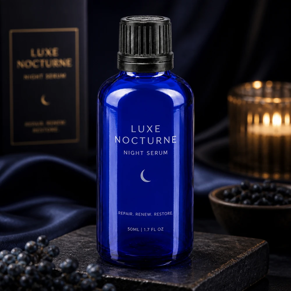 Flacone contagocce blu da 50 ml in vetro da farmacia con tappo a scanalature nero su sfondo di tessuto di seta scuro