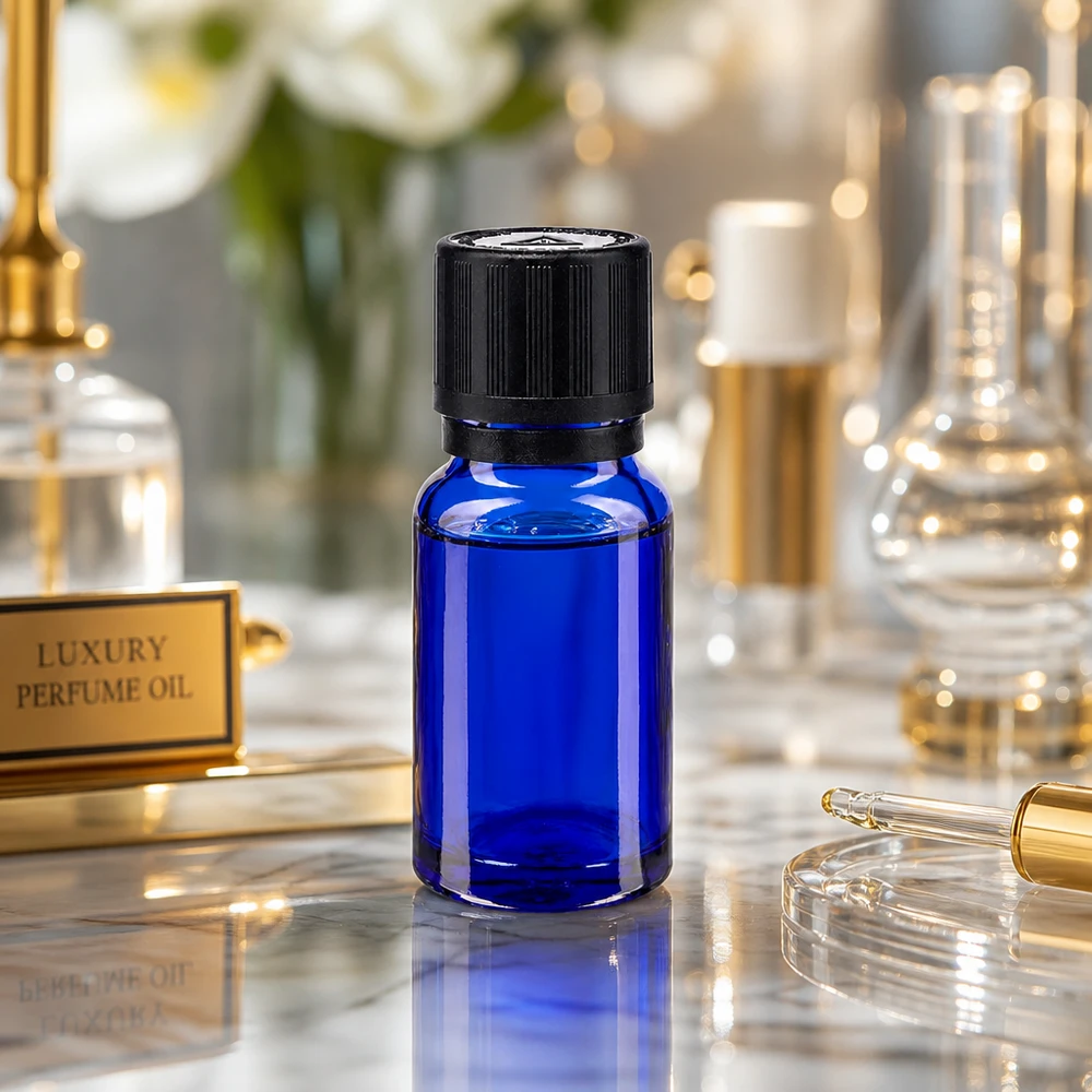 Flacone contagocce da 10 ml blu cobalto con tappo KiSi, presentato in un lussuoso espositore per oli profumati su marmo