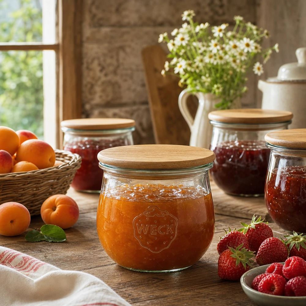 Barattolo a tulipano da 370 ml WECK RR80 con coperchio in legno Vaso WECK a tulipano 370ml RR80 riempito di marmellata di albicocche accanto a frutta fresca in una cucina rustica