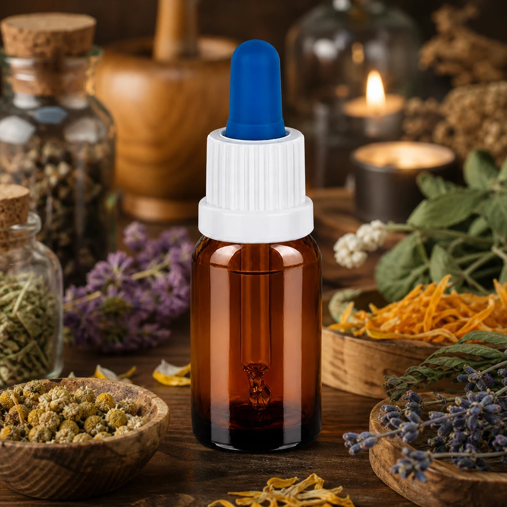 Bottiglia per pipette da 10 ml bianco/blu OV BrownLine UT18/10 BrownLine flacone con pipetta da 10 ml con filettatura OV18 e puntale contagocce blu per aromaterapia