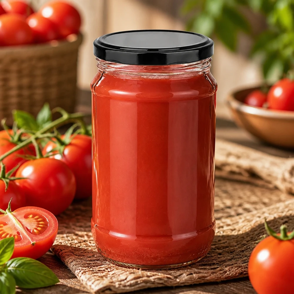 Vaso di vetro rotondo da 370 ml + BasicSeal nero UNiTWIST Vaso da 370 ml UNiTWIST BasicSeal nero con passata di pomodoro fatta in casa: sostenibile e riutilizzabile