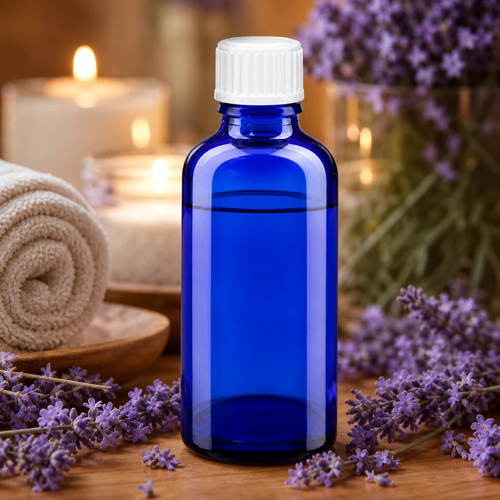 Flacone di vetro blu da 50 ml con tappo bianco, tra fiori di lavanda e candele in un’atmosfera da spa