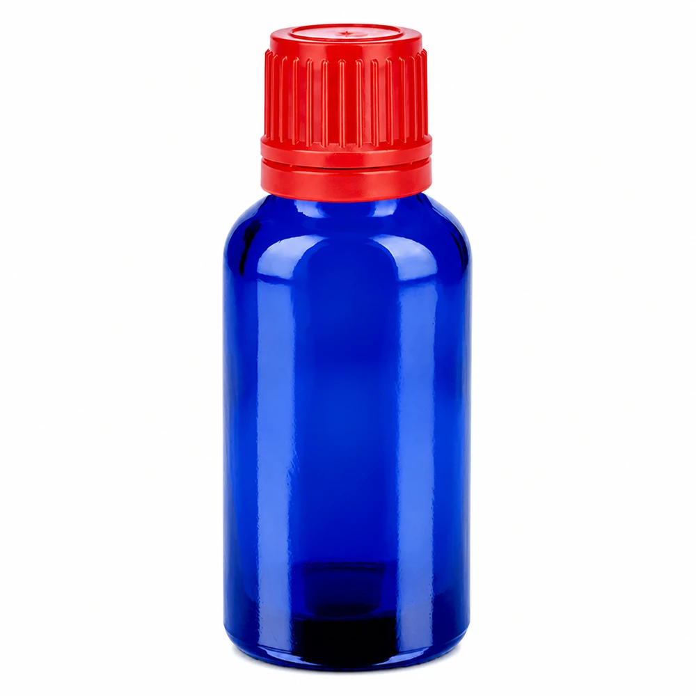 Bottiglia da 30ml 11mm SV rosso OV BlueLine UT18/30 Flacone in vetro di alta qualità da 30 ml in blu brillante con sistema di chiusura sicura per i farmaci
